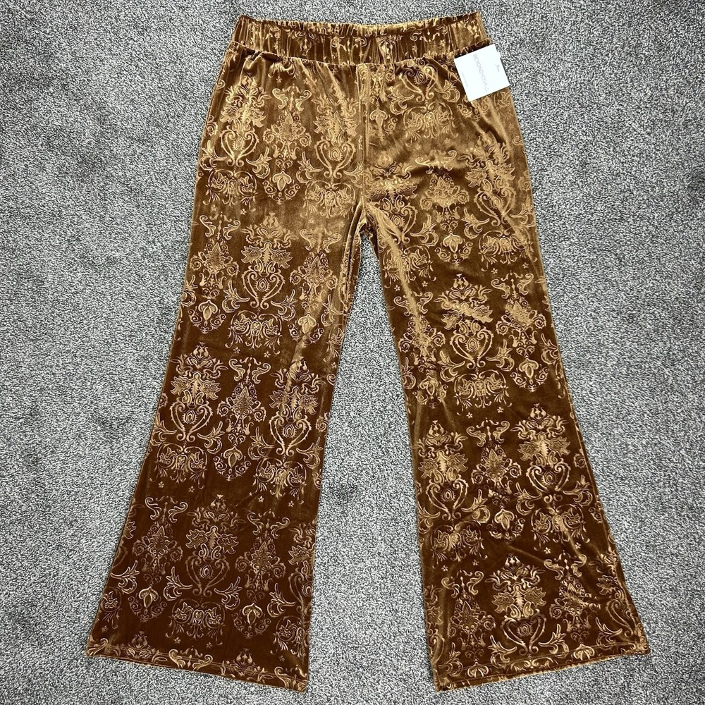 NEW Beyond Yoga Best Dressed Pant Bronze Womens XL Velvet Wide Leg Paisley Print - Picture 1 of 11